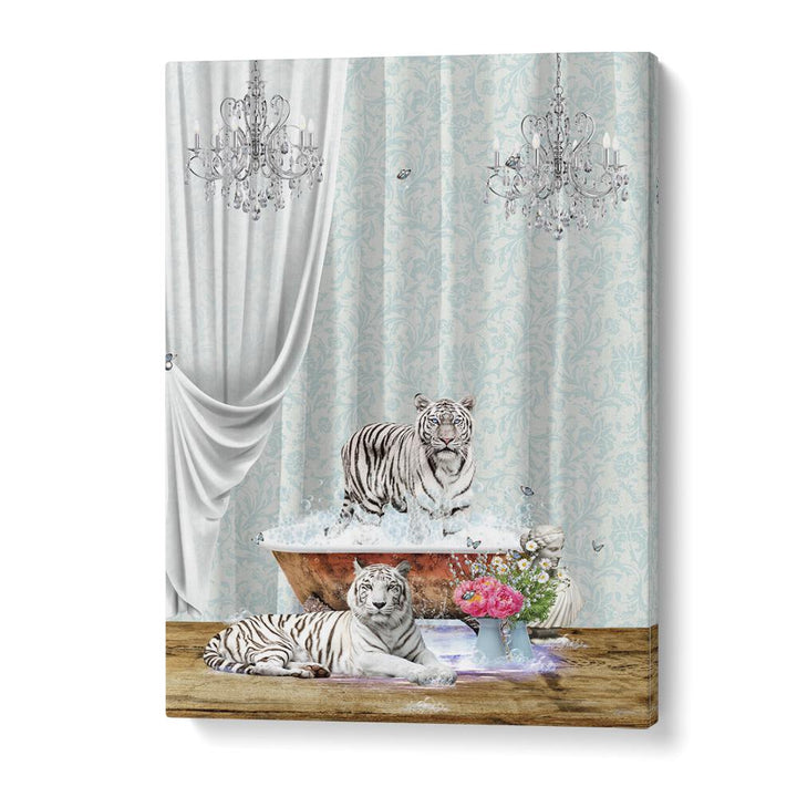 white tigers a bubbles by sue skellern wall art prints in Gallery Wrap