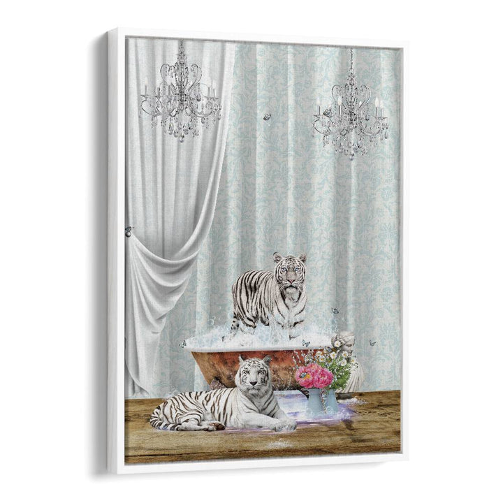 white tigers a bubbles by sue skellern wall art prints in White Floater Frame