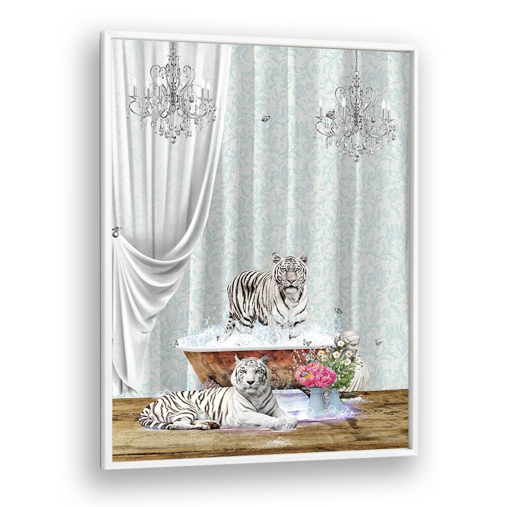 white tigers a bubbles by sue skellern wall art prints in White Plain Frame