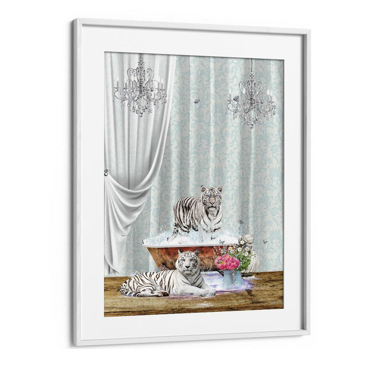 white tigers a bubblesby sue skellern wall art prints in White Frame With Mount