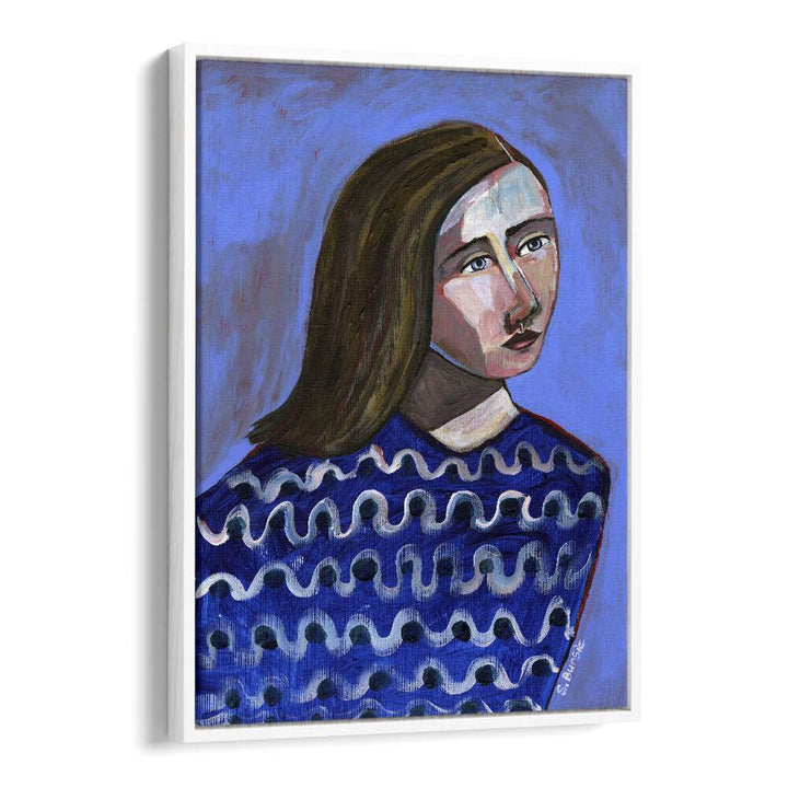 Vintage painting - WOMAN IN BLUE SWEATER NAIVE PORTRAIT FIGURATIVE by Asianmonk