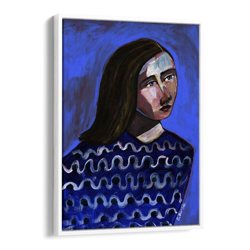 Vintage painting - WOMAN IN BLUE SWEATER NAIVE PORTRAIT FIGURATIVE II by Asianmonk