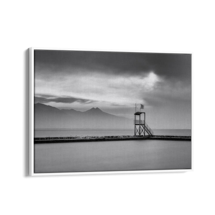 Serene black-and-white landscape featuring a lifeguard tower, capturing the essence of AFTER THE STORM, PHOTOGRAPHY PRINTS.