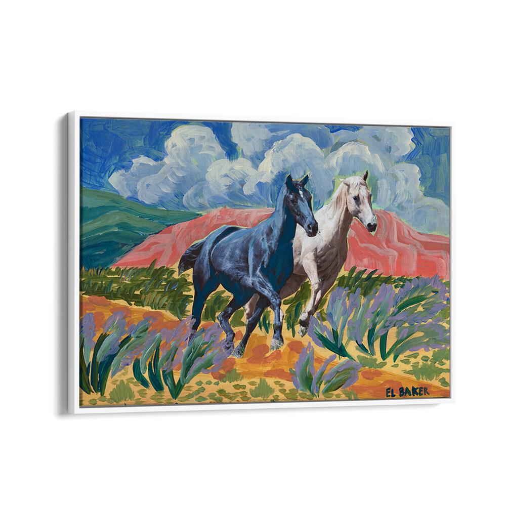 Two majestic horses gallop through vibrant landscapes in the WATCH THEM RIDE, ANIMAL PAINTINGS collection.