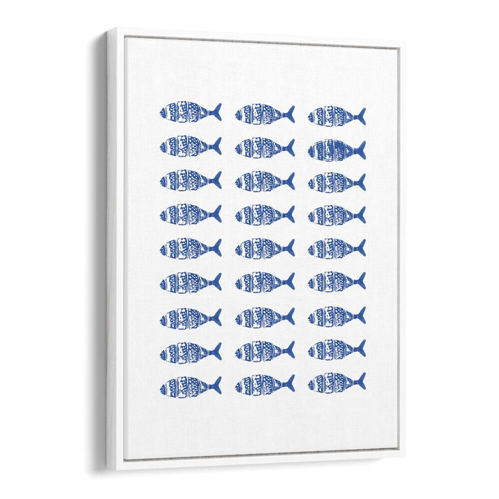 Decorate your space with FISH ROW, BEACH PRINTS showcasing a stylish blue fish pattern on a white background.