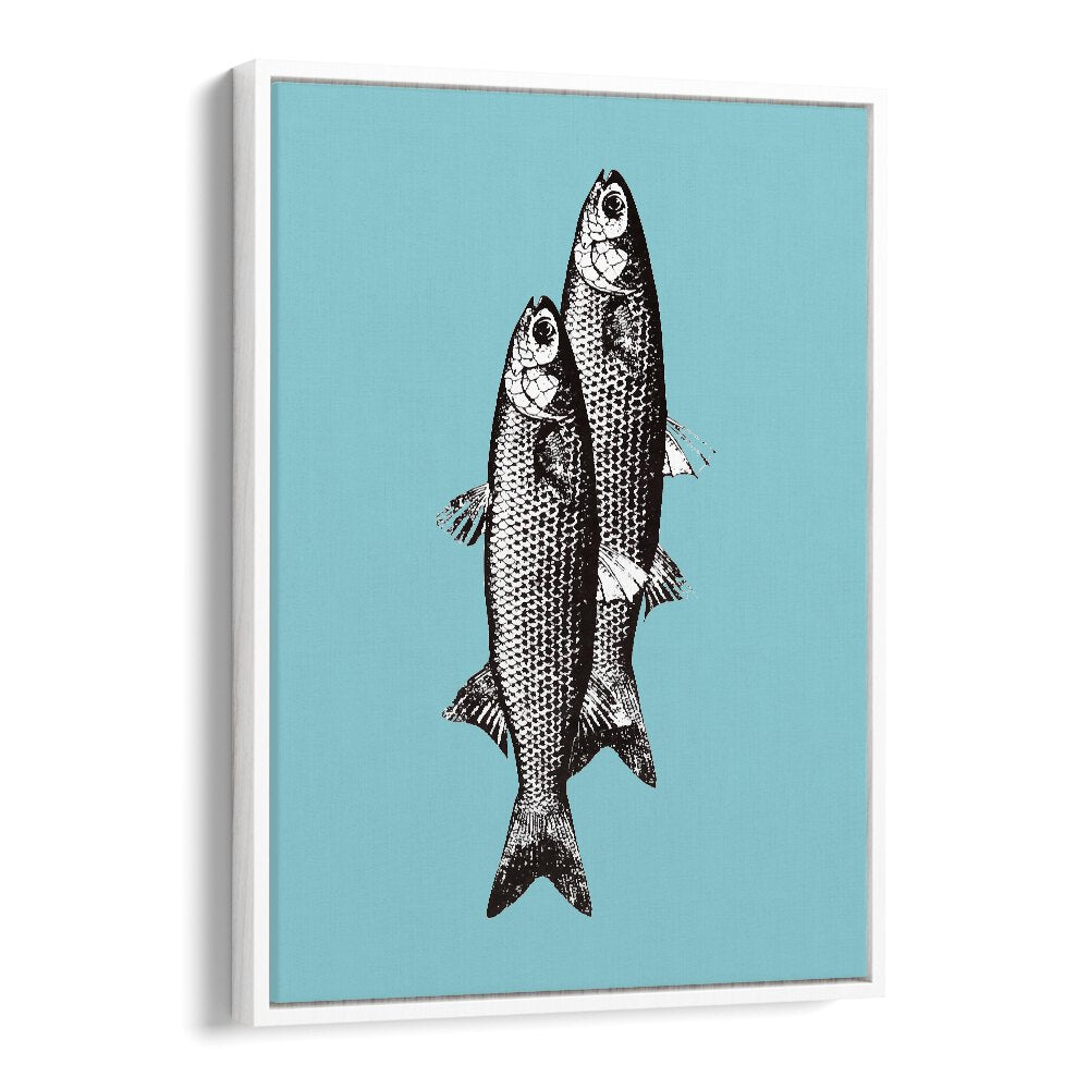 Stylish TWO FISHES, KITCHEN POSTERS featuring a vibrant blue background and detailed fish illustrations.
