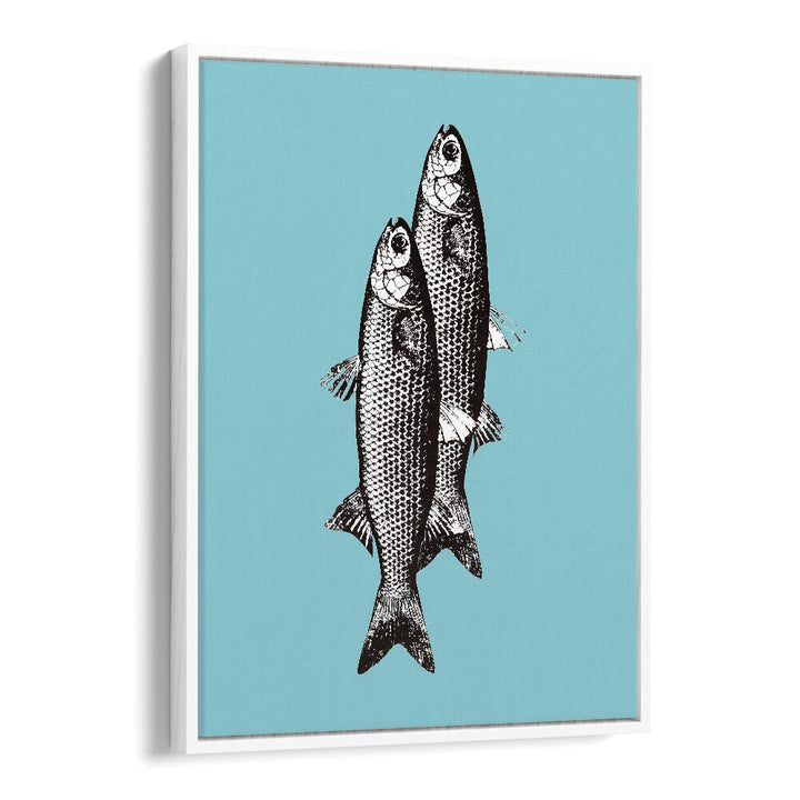 Stylish TWO FISHES, KITCHEN POSTERS featuring a vibrant blue background and detailed fish illustrations.