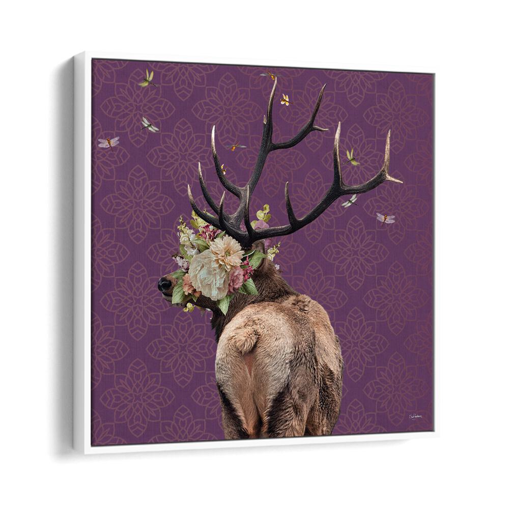 spring flower bonnet on deer by sue skellern wildlife posters wildlife paintings in White Floater Frame