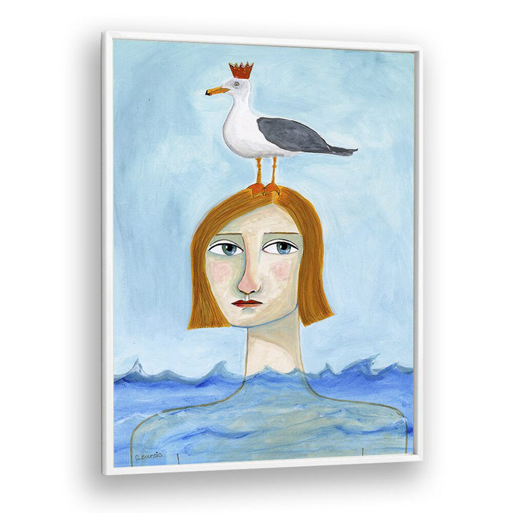 Vintage painting - NUDE LADY IN OCEAN WITH SEAGULL by Asianmonk