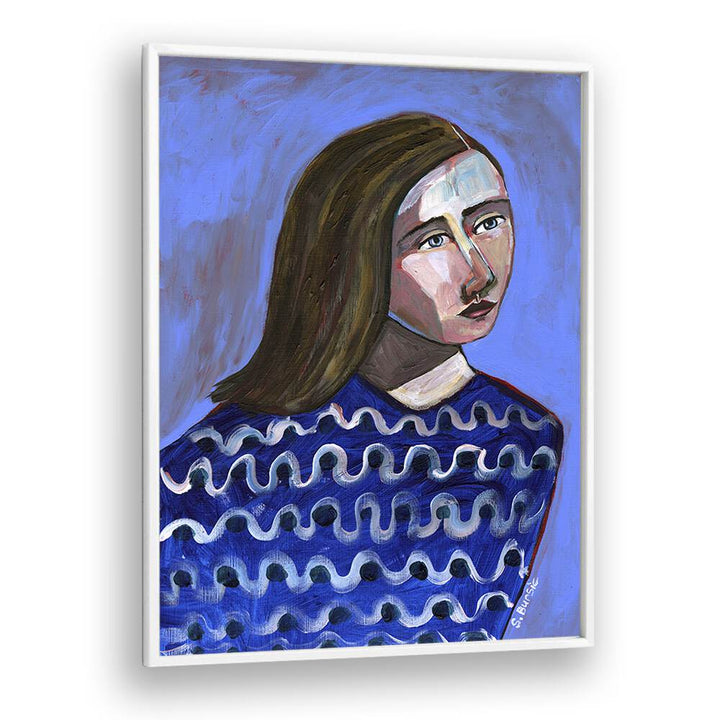 Vintage painting - WOMAN IN BLUE SWEATER NAIVE PORTRAIT FIGURATIVE by Asianmonk