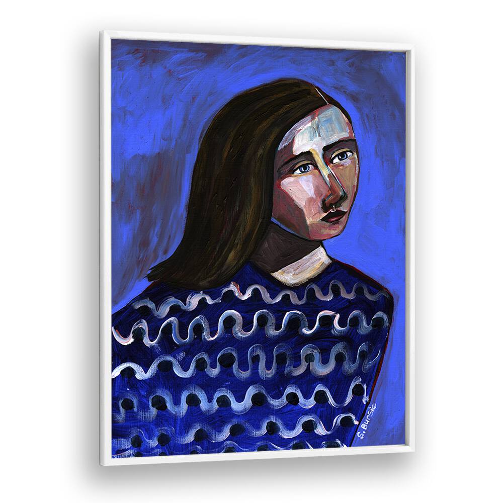 Vintage painting - WOMAN IN BLUE SWEATER NAIVE PORTRAIT FIGURATIVE II by Asianmonk