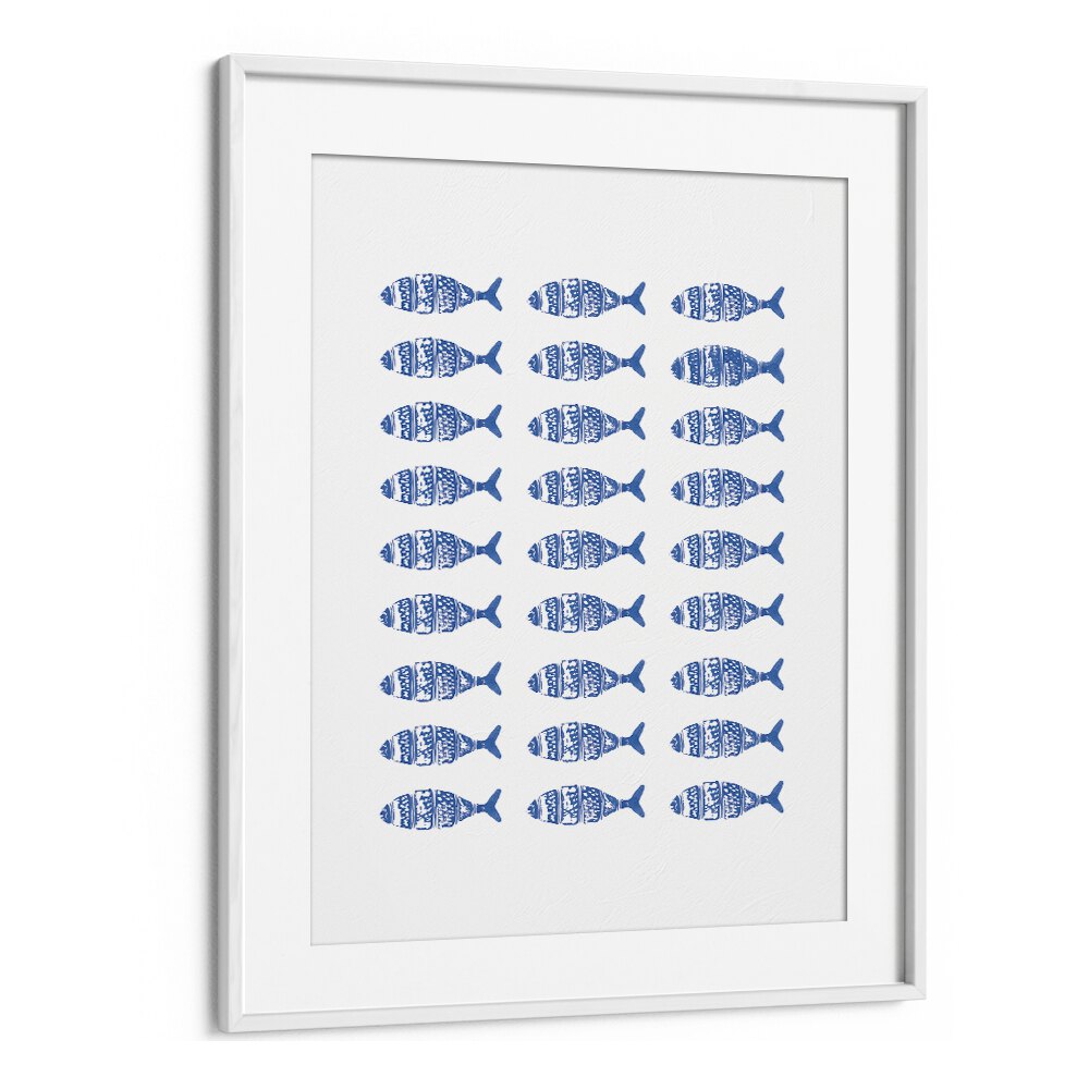 FISH ROW, BEACH PRINTS showcasing a vibrant blue fish pattern in a sleek white frame, perfect for coastal decor.