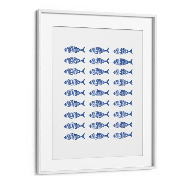 FISH ROW, BEACH PRINTS showcasing a vibrant blue fish pattern in a sleek white frame, perfect for coastal decor.