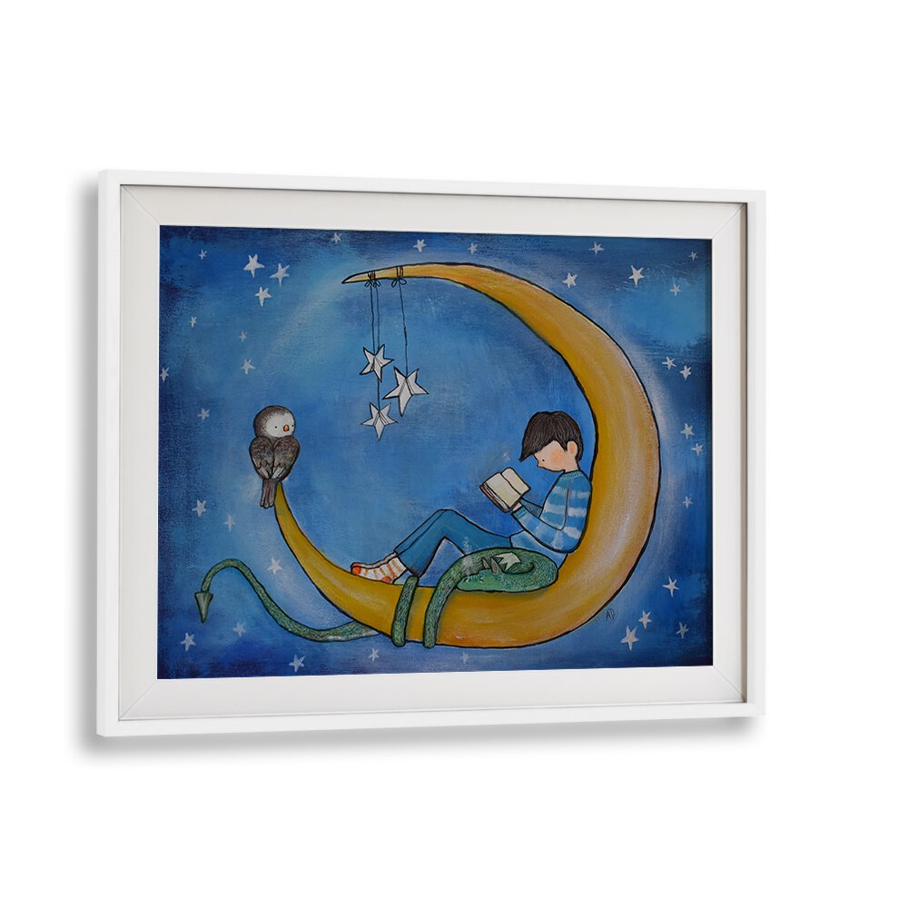 BOY READING ON MOON , KIDS ROOM PAINTINGS , KIDS ROOM WALL ART