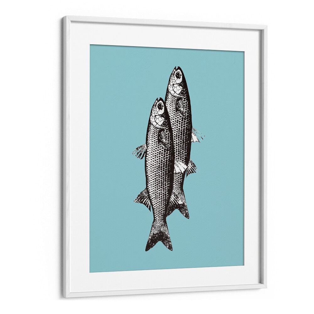 Framed TWO FISHES, KITCHEN POSTERS featuring two detailed fish on a vibrant blue background, perfect for your kitchen decor.