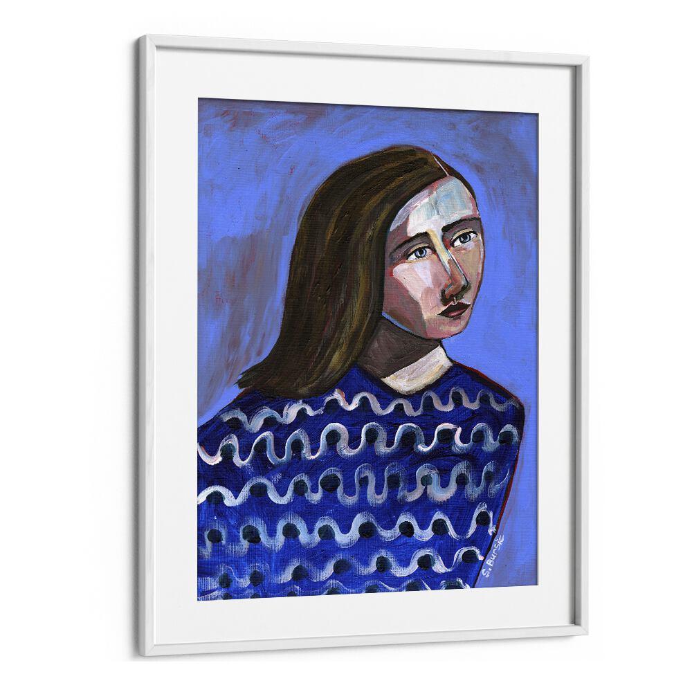 Vintage painting - WOMAN IN BLUE SWEATER NAIVE PORTRAIT FIGURATIVE by Asianmonk