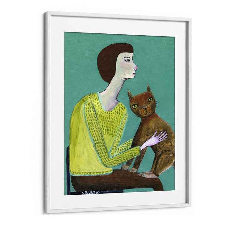 Vintage painting - LADY SITTING WITH BROWN CAT CAT LOVER by Asianmonk