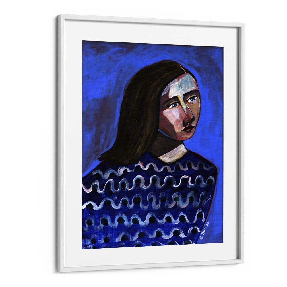 Vintage painting - WOMAN IN BLUE SWEATER NAIVE PORTRAIT FIGURATIVE II by Asianmonk