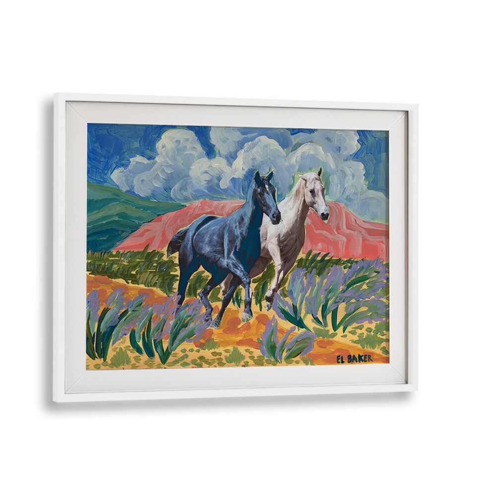 Stunning WATCH THEM RIDE, ANIMAL PAINTINGS featuring two horses in vibrant colors and dynamic scenery, perfect for any space.