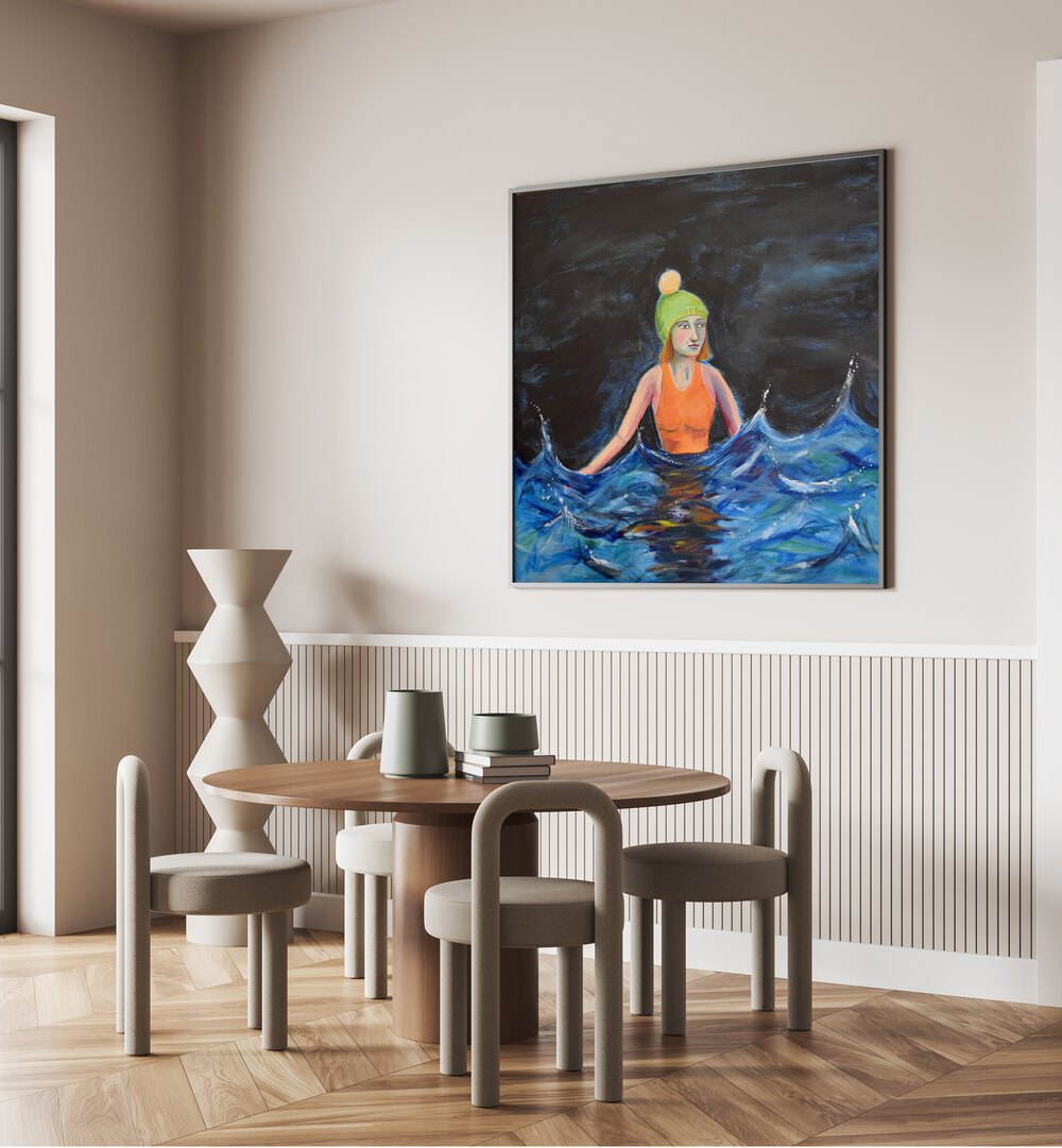 wild swimming women illustration paintings Artwork III placed on a wall