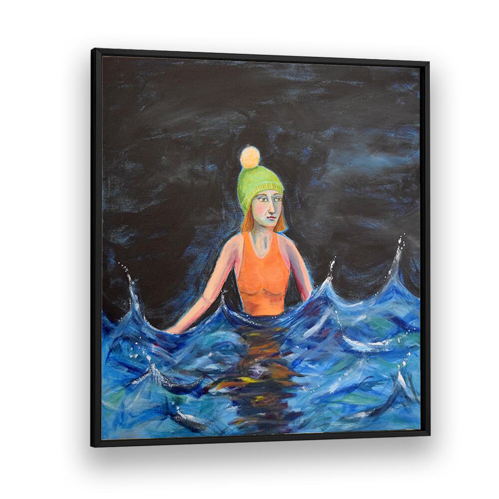 wild swimming women illustration paintings in Black Floater Frame