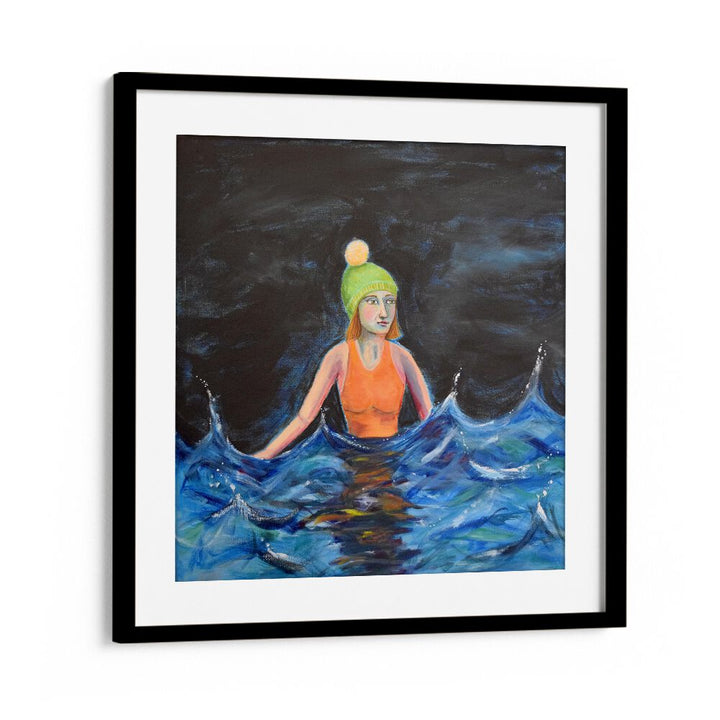 wild swimming women illustration paintings in Black Frame With Mount