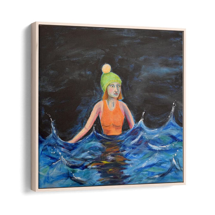 wild swimming women illustration paintings in Oak Wood Floater Frame