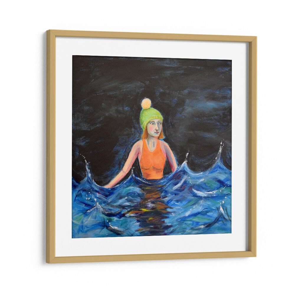 wild swimming women illustration paintings in Oak Wood Frame With Mount