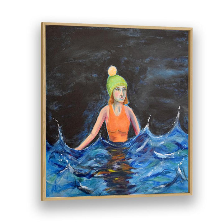 wild swimming women illustration paintings in Oak Wood Plain Frame