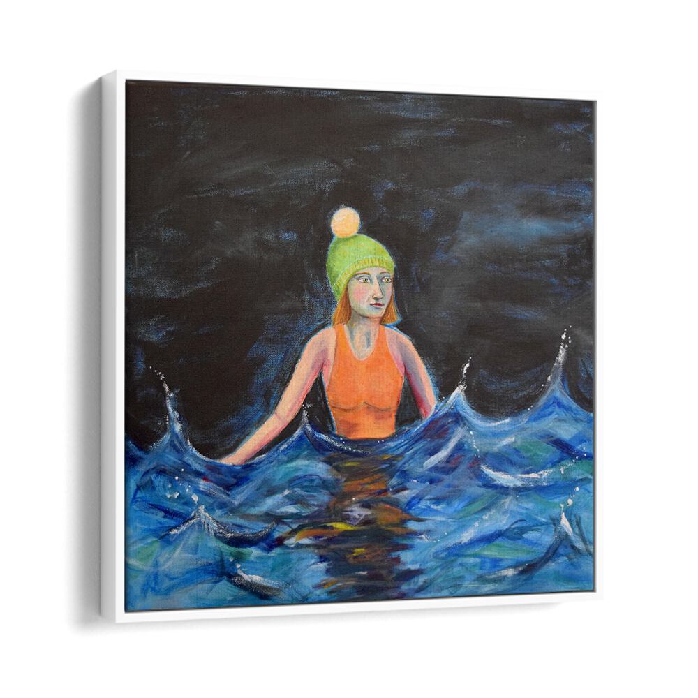 wild swimming women illustration paintings in White Floater Frame