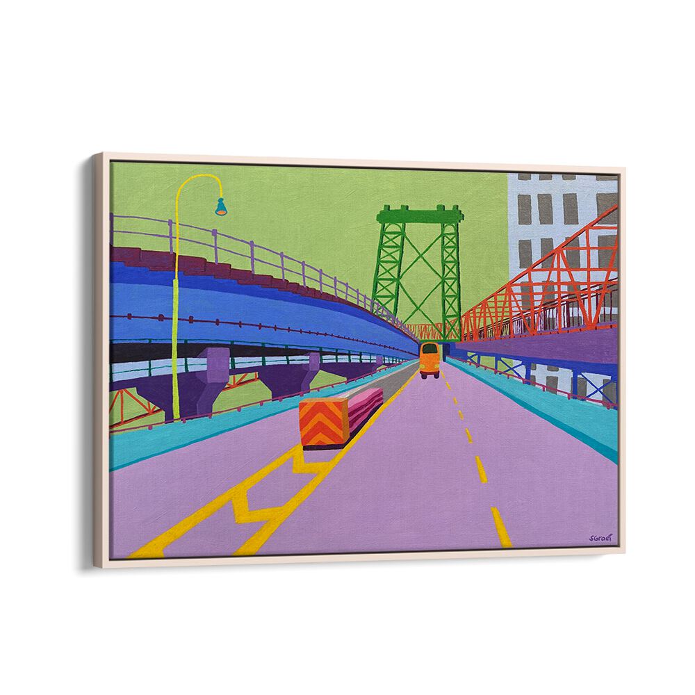williamsburg bridge landscape art prints in Oak Wood Floater Frame