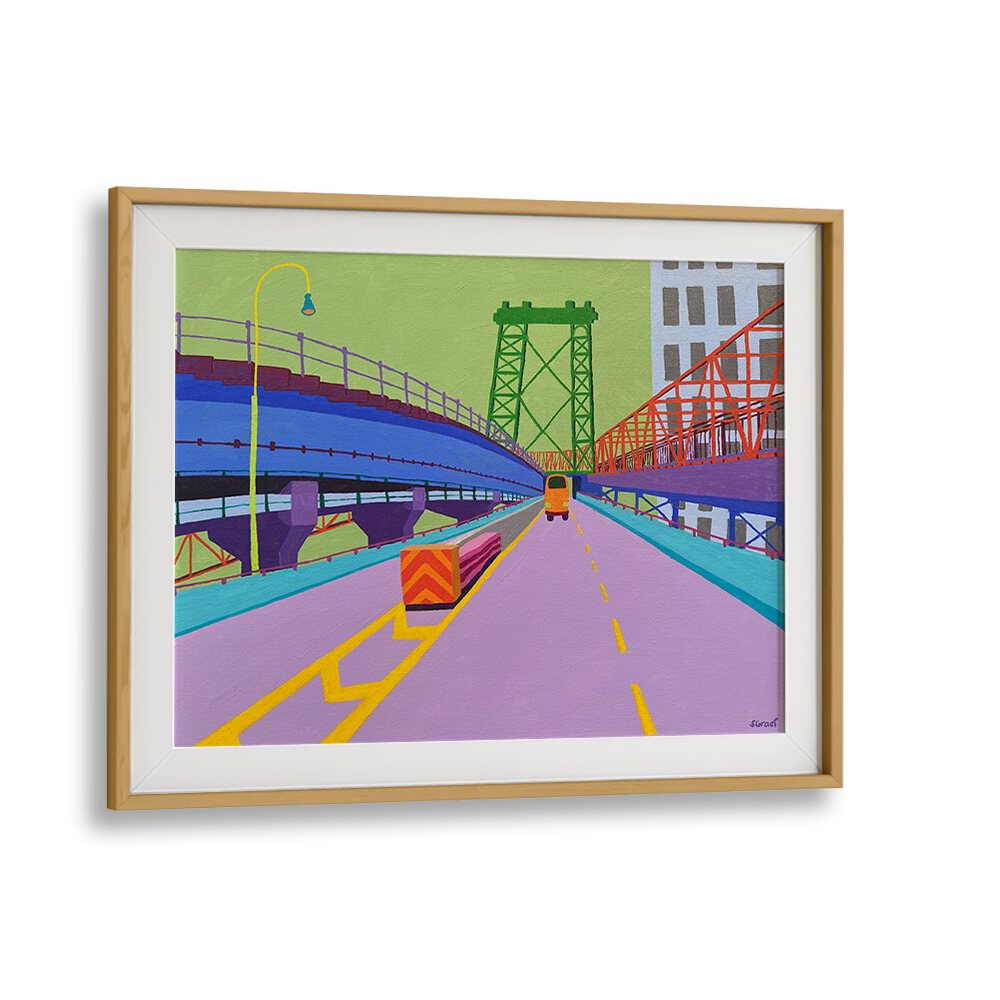 williamsburg bridge landscape art prints in Oak Wood Frame With Mount