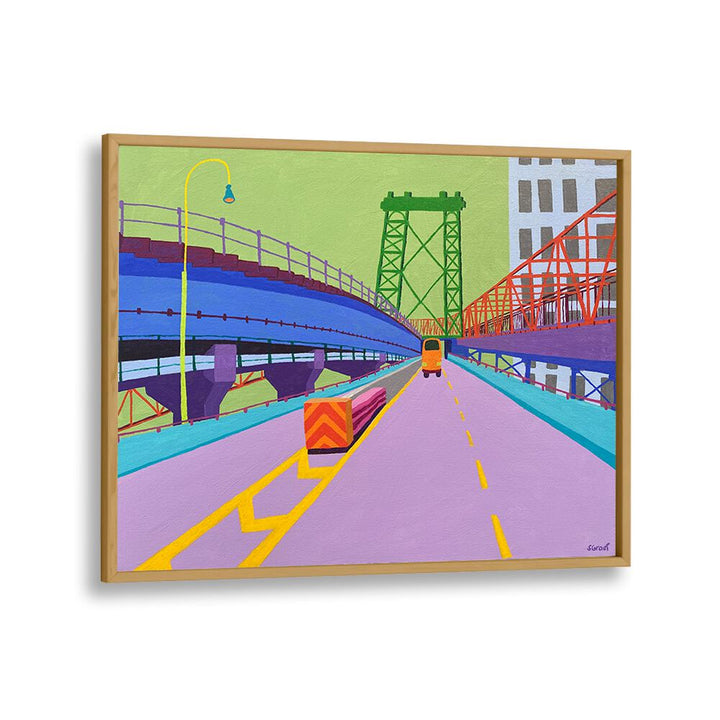 williamsburg bridge landscape art prints in Oak Wood Plain Frame