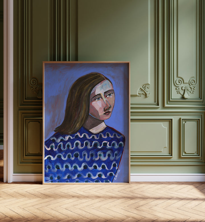 woman in blue sweater i women illustration paintings Artwork I placed on a wall