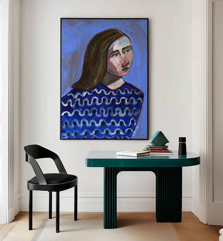 woman in blue sweater i women illustration paintings Artwork I placed on a wall