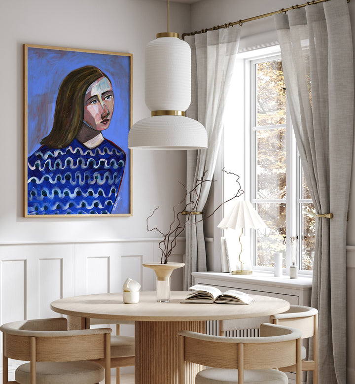 woman in blue sweater i women illustration paintings Artwork III placed on a wall