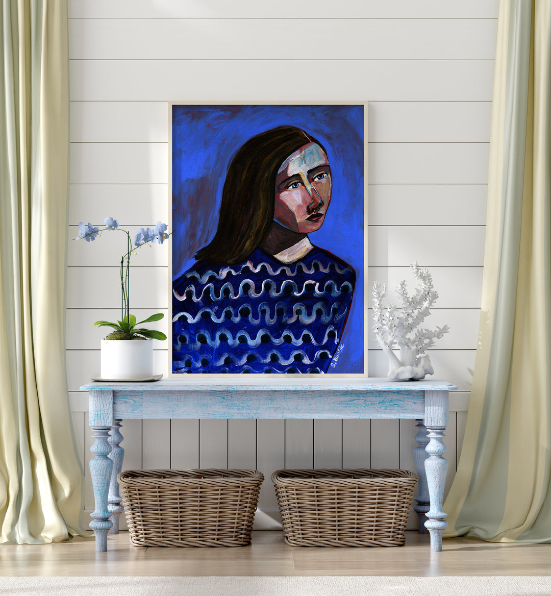 woman in blue sweater ii women illustration paintings Artwork I placed on a wall