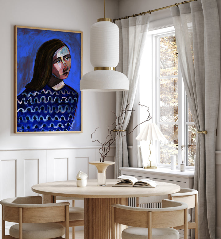 woman in blue sweater ii women illustration paintings Artwork II placed on a wall