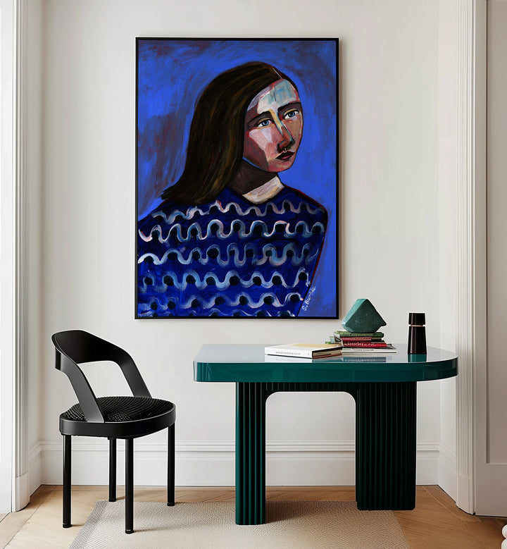 woman in blue sweater ii women illustration paintings Artwork III placed on a wall