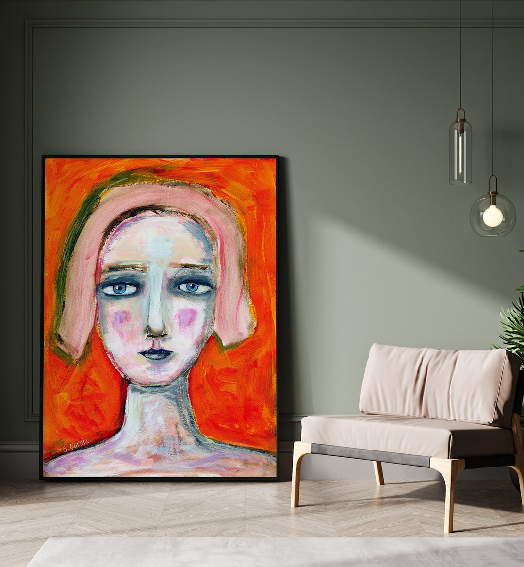 woman in orange women illustration paintings Artwork I placed on a wall