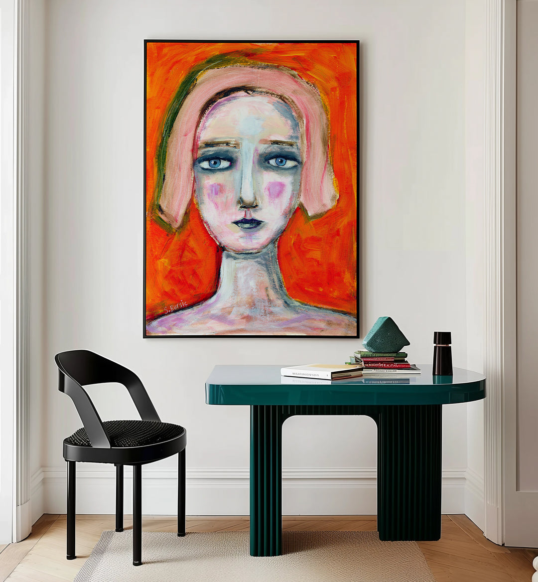 woman in orange women illustration paintings Artwork II placed on a wall