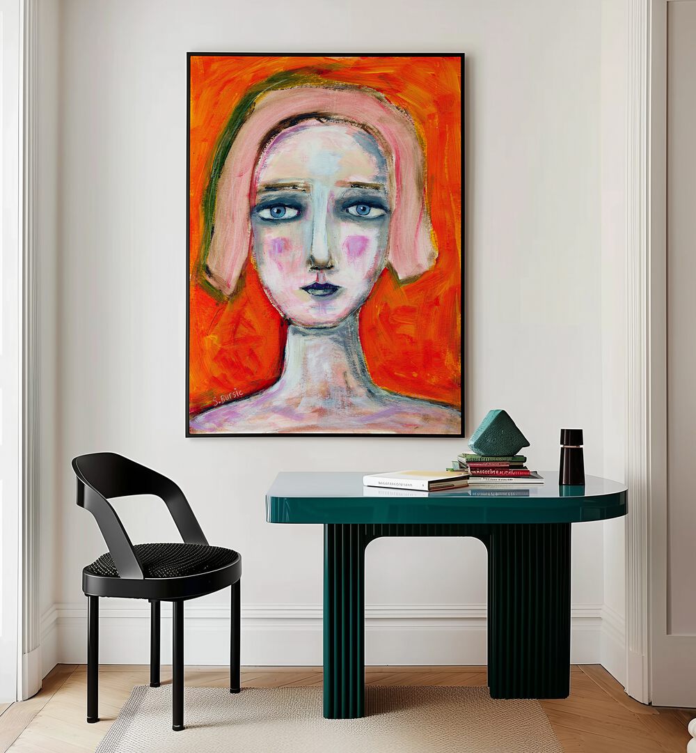 woman in orange women illustration paintings  placed on a wall