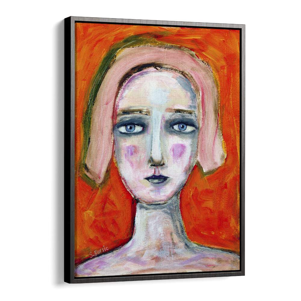 woman in orange women illustration paintings in Black Floater Frame