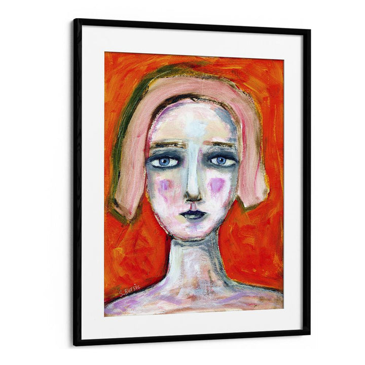 woman in orange women illustration paintings in Black Frame With Mount