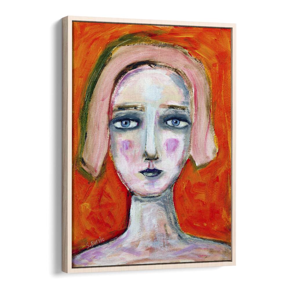 woman in orange women illustration paintings in Oak Wood Floater Frame