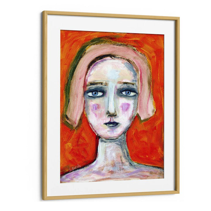 woman in orange women illustration paintings in Oak Wood Frame With Mount