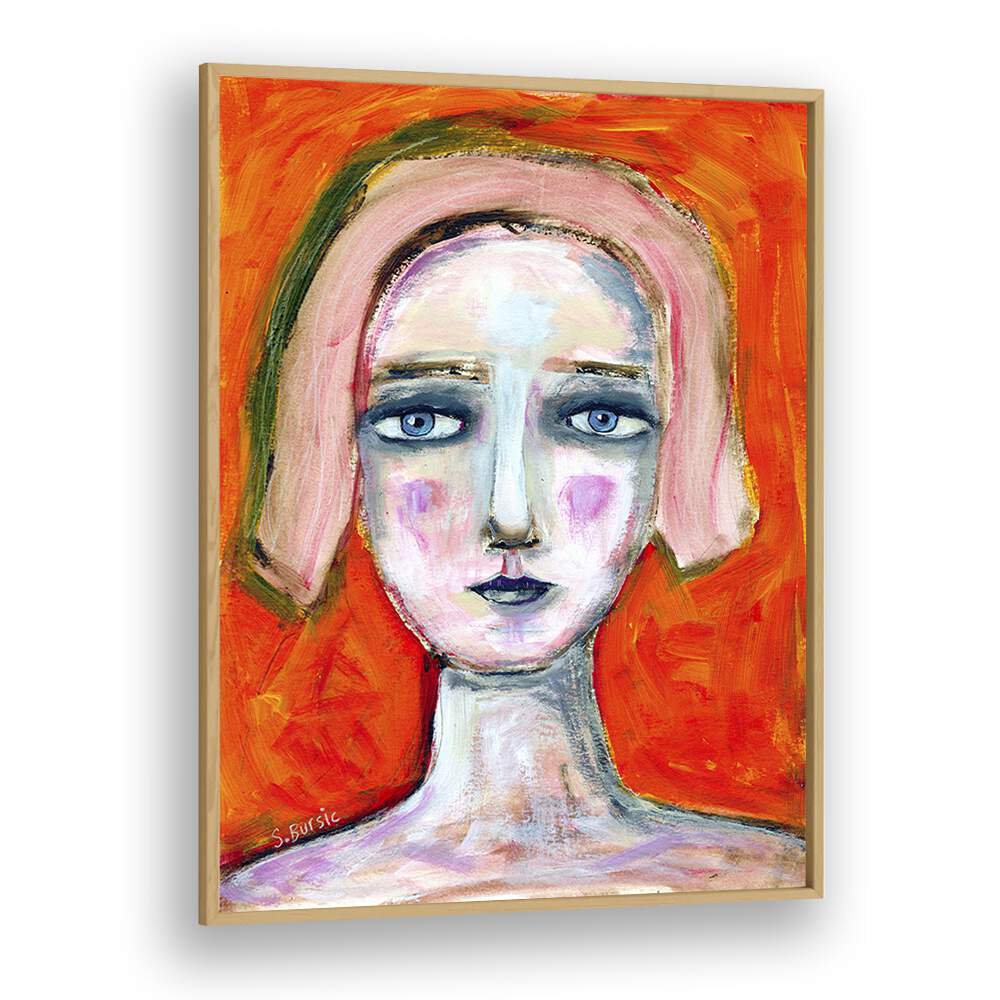 woman in orange women illustration paintings in Oak Wood Plain Frame