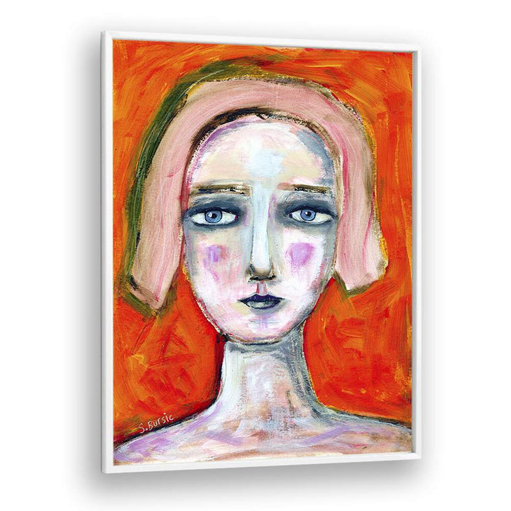 woman in orange women illustration paintings in White Plain Frame