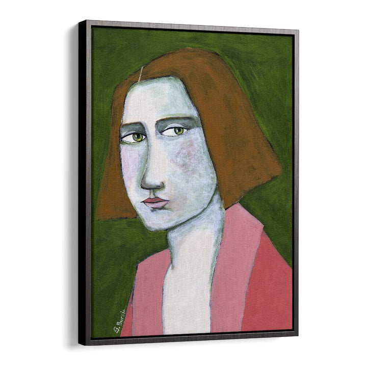 woman in pink jacket women illustration paintings in Black Floater Frame