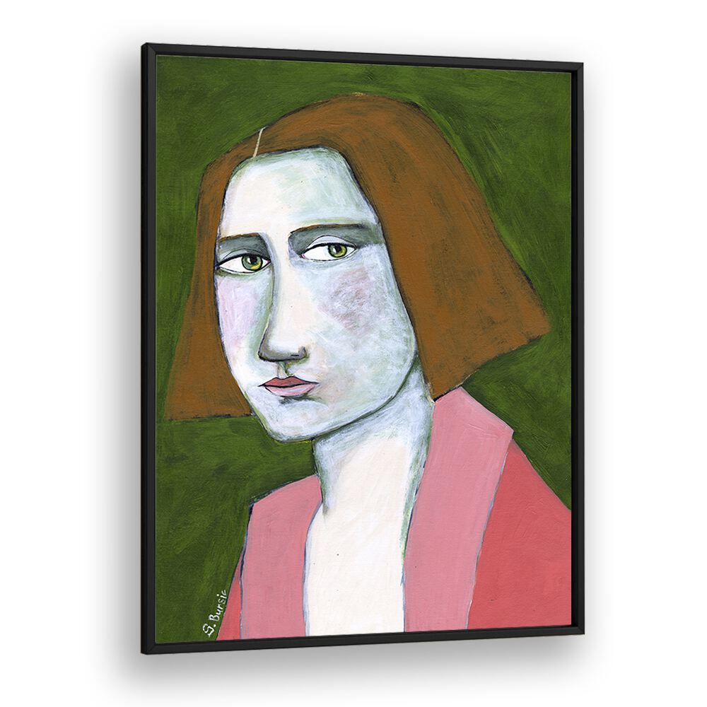 woman in pink jacket women illustration paintings in Black Plain Frame